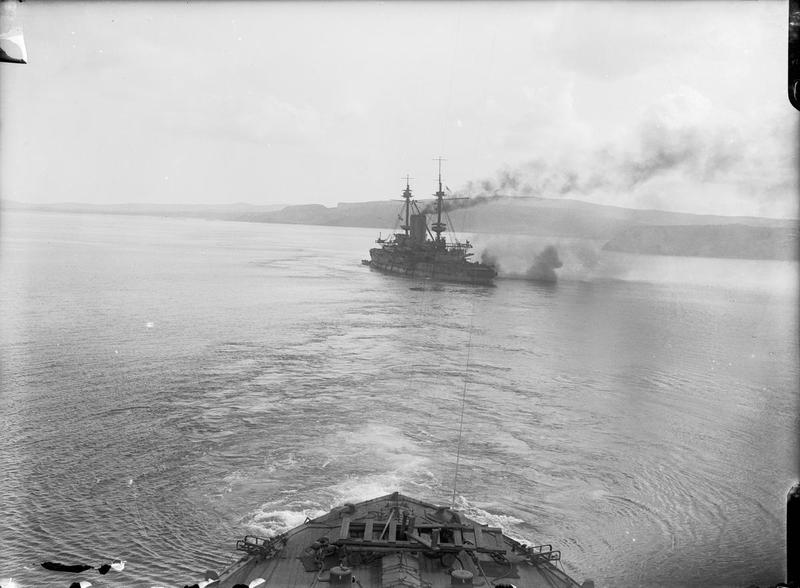 HMS ALbion aground HMS Canopus in foreground © IWM (Q 13807)